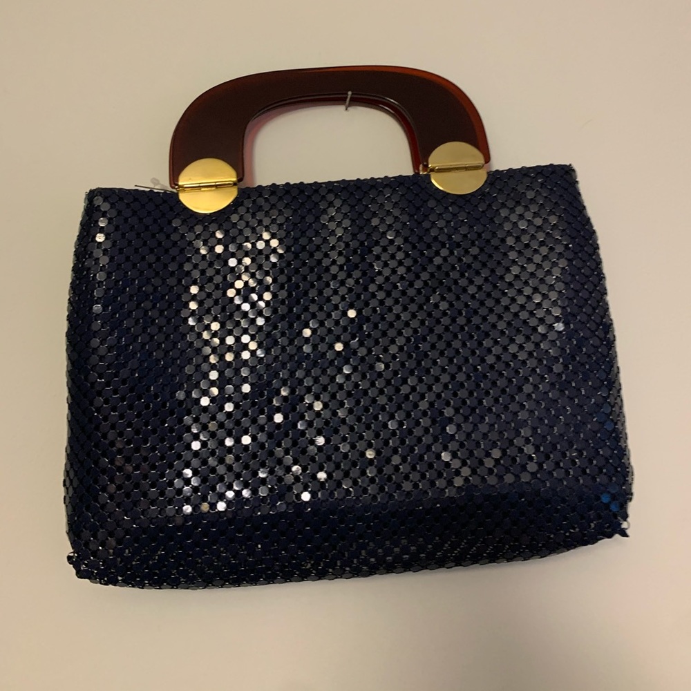 Vintage blue metal bead handbag purse chic mesh